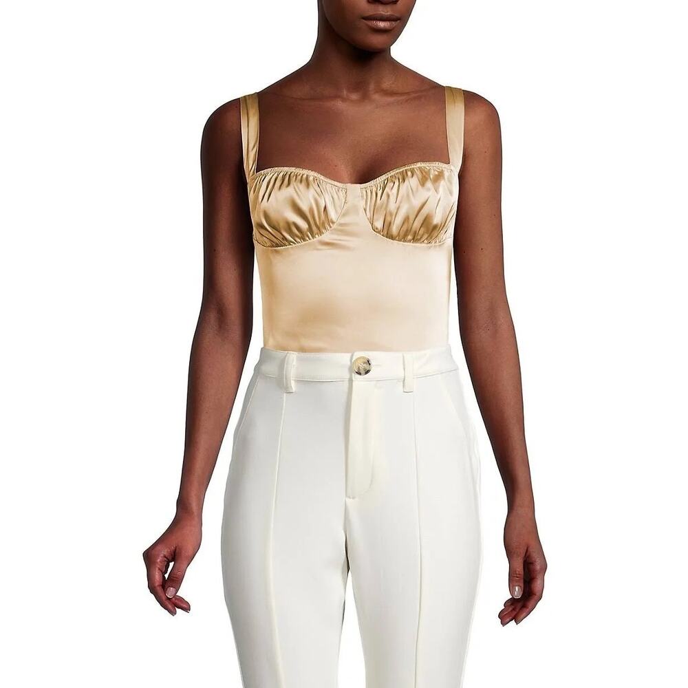 Danielle Bernstein Gold Satin Ruched Camisole Cami Tank Corset Bodysuit Top